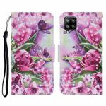 For Samsung Galaxy A22 4G Coloured Drawing Pattern Horizontal Flip PU Leather Case with Holder & Card Slots & Wallet & Lanyard(Rose Butterfly)