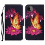 For Samsung Galaxy A22 5G Coloured Drawing Pattern Horizontal Flip PU Leather Case with Holder & Card Slots & Wallet & Lanyard(Big Golden Butterfly)