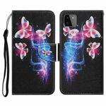 For Samsung Galaxy A22 5G Coloured Drawing Pattern Horizontal Flip PU Leather Case with Holder & Card Slots & Wallet & Lanyard(Three Fluorescent Butterflies)