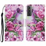 For Samsung Galaxy S21 FE Coloured Drawing Pattern Horizontal Flip PU Leather Case with Holder & Card Slots & Wallet & Lanyard(Rose Butterfly)