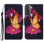 For Samsung Galaxy S21 FE Coloured Drawing Pattern Horizontal Flip PU Leather Case with Holder & Card Slots & Wallet & Lanyard(Big Golden Butterfly)