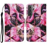 For Samsung Galaxy S21 FE Coloured Drawing Pattern Horizontal Flip PU Leather Case with Holder & Card Slots & Wallet & Lanyard(Purple Marble)