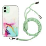 For iPhone 12 Hollow Marble Pattern TPU Shockproof Protective Case with Neck Strap Rope(Green)