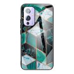 For One Plus 9 Abstract Marble Pattern Glass Protective Case(Rhombus Dark Green)