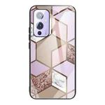 For One Plus 9 Abstract Marble Pattern Glass Protective Case(Rhombus Orange Purple)