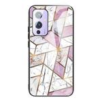 For One Plus 9 Abstract Marble Pattern Glass Protective Case(Rhombus White Purple)