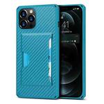 For iPhone 12 / 12 Pro Carbon Fiber Armor Shockproof TPU + PC Hard Case with Card Slot Holder(Blue)