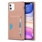 For iPhone 11 Carbon Fiber Armor Shockproof TPU + PC Hard Case with Card Slot Holder (Rose Gold)