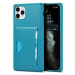 For iPhone 11 Pro Max Carbon Fiber Armor Shockproof TPU + PC Hard Case with Card Slot Holder (Blue)