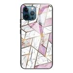 For iPhone 12 / 12 Pro Abstract Marble Pattern Glass Protective Case(Rhombus White Purple)