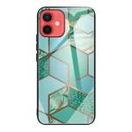 For iPhone 12 mini Abstract Marble Pattern Glass Protective Case (Rhombus Green)