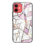 For iPhone 12 mini Abstract Marble Pattern Glass Protective Case (Rhombus White Purple)