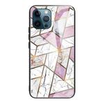 For iPhone 12 Pro Max Abstract Marble Pattern Glass Protective Case(Rhombus White Purple)