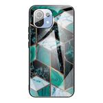 For Xiaomi Mi 11 Pro Abstract Marble Pattern Glass Protective Case(Rhombus Dark Green)