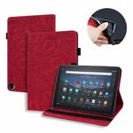For Amazon Fire HD 10 2023 / 10 Plus (2021) 10 Calf Pattern Double Folding Design Embossed Leather Case with Holder & Card Slots & Pen Slot & Elastic Band(Red)