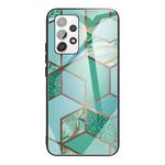 For Samsung Galaxy A32 4G (EU Version) Abstract Marble Pattern Glass Protective Case(Rhombus Green)