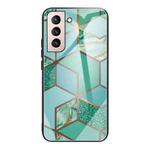 For Samsung Galaxy S21 5G Abstract Marble Pattern Glass Protective Case(Rhombus Green)