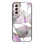 For Samsung Galaxy S21+ 5G Abstract Marble Pattern Glass Protective Case(Rhombus Gray Purple)