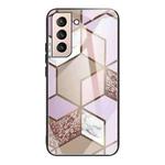 For Samsung Galaxy S21+ 5G Abstract Marble Pattern Glass Protective Case(Rhombus Orange Purple)