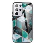 For Samsung Galaxy S21 Ultra 5G Abstract Marble Pattern Glass Protective Case(Rhombus Dark Green)