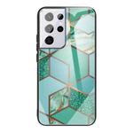 For Samsung Galaxy S21 Ultra 5G Abstract Marble Pattern Glass Protective Case(Rhombus Green)