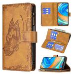 For Xiaomi Redmi Note 9 Pro Max Flying Butterfly Embossing Pattern Zipper Horizontal Flip Leather Case with Holder & Card Slots & Wallet(Brown)