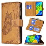 For Xiaomi Redmi Note 9 Flying Butterfly Embossing Pattern Zipper Horizontal Flip Leather Case with Holder & Card Slots & Wallet(Brown)