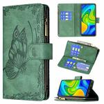 For Xiaomi Redmi Note 9 Flying Butterfly Embossing Pattern Zipper Horizontal Flip Leather Case with Holder & Card Slots & Wallet(Green)
