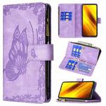 For Xiaomi Poco X3 Flying Butterfly Embossing Pattern Zipper Horizontal Flip Leather Case with Holder & Card Slots & Wallet(Purple)