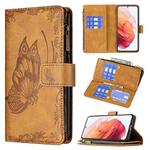 For Samsung Galaxy S21 5G Flying Butterfly Embossing Pattern Zipper Horizontal Flip Leather Case with Holder & Card Slots & Wallet(Brown)