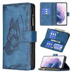 For Samsung Galaxy S21+ 5G Flying Butterfly Embossing Pattern Zipper Horizontal Flip Leather Case with Holder & Card Slots & Wallet(Blue)