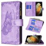 For Samsung Galaxy S21 Ultra 5G Flying Butterfly Embossing Pattern Zipper Horizontal Flip Leather Case with Holder & Card Slots & Wallet(Purple)