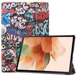 For Samsung Galaxy Tab S7 Lite T730 / T735 / Tab S7 FE T736 Custer Painted PU Leather Case with Sleep / Wake-up Function & 3-Fold Holder(Graffiti)