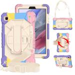 For Samsung Galaxy Tab A7 Lite T220 / T225 Contrast Color Robot Shockproof Silicon + PC Protective Case with Holder & Shoulder Strap(Colorful Purple Beige)