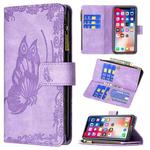 For iPhone XS Max Flying Butterfly Embossing Pattern Zipper Horizontal Flip Leather Case with Holder & Card Slots & Wallet(Purple)