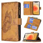 For iPhone 12 mini Flying Butterfly Embossing Pattern Zipper Horizontal Flip Leather Case with Holder & Card Slots & Wallet(Brown)