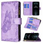 For iPhone 12 Flying Butterfly Embossing Pattern Zipper Horizontal Flip Leather Case with Holder & Card Slots & Wallet(Purple)