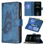 For iPhone 12 Flying Butterfly Embossing Pattern Zipper Horizontal Flip Leather Case with Holder & Card Slots & Wallet(Blue)