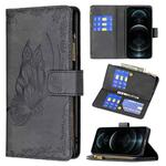 For iPhone 12 Flying Butterfly Embossing Pattern Zipper Horizontal Flip Leather Case with Holder & Card Slots & Wallet(Black)
