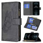 For iPhone 12 Pro Flying Butterfly Embossing Pattern Zipper Horizontal Flip Leather Case with Holder & Card Slots & Wallet(Black)