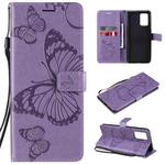 For OPPO A74 4G / F19 4G Pressed Printing Butterfly Pattern Horizontal Flip PU Leather Case with Holder & Card Slots & Wallet & Lanyard(Purple)