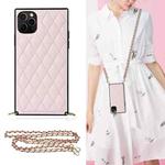 For iPhone 11 Pro Max Elegant Rhombic Pattern Microfiber Leather +TPU Shockproof Case with Crossbody Strap Chain (Pink)