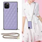 For iPhone 11 Pro Max Elegant Rhombic Pattern Microfiber Leather +TPU Shockproof Case with Crossbody Strap Chain (Purple)