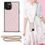 For iPhone 12 / 12 Pro Elegant Rhombic Pattern Microfiber Leather +TPU Shockproof Case with Crossbody Strap Chain(Pink)