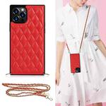 For iPhone 12 / 12 Pro Elegant Rhombic Pattern Microfiber Leather +TPU Shockproof Case with Crossbody Strap Chain(Red)