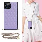 For iPhone 12 / 12 Pro Elegant Rhombic Pattern Microfiber Leather +TPU Shockproof Case with Crossbody Strap Chain(Purple)
