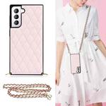 For Samsung Galaxy S21 5G Elegant Rhombic Pattern Microfiber Leather +TPU Shockproof Case with Crossbody Strap Chain(Pink)