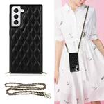 For Samsung Galaxy S21 5G Elegant Rhombic Pattern Microfiber Leather +TPU Shockproof Case with Crossbody Strap Chain(Black)