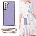 For Samsung Galaxy S21 5G Elegant Rhombic Pattern Microfiber Leather +TPU Shockproof Case with Crossbody Strap Chain(Purple)