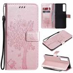 For LG Stylo 7 5G / 4G Tree & Cat Pattern Pressed Printing Horizontal Flip PU Leather Case with Holder & Card Slots & Wallet & Lanyard(Rose Gold)